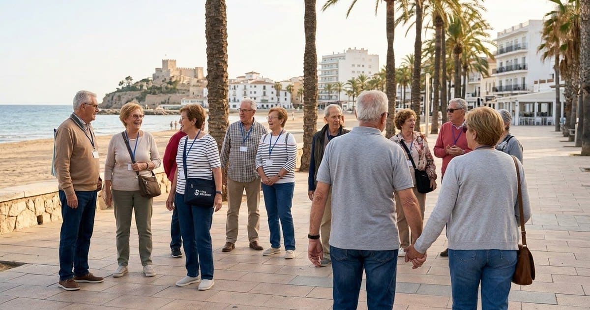 Grupo de viajeros mayores charlando en un paseo marítimo de la costa mediterránea