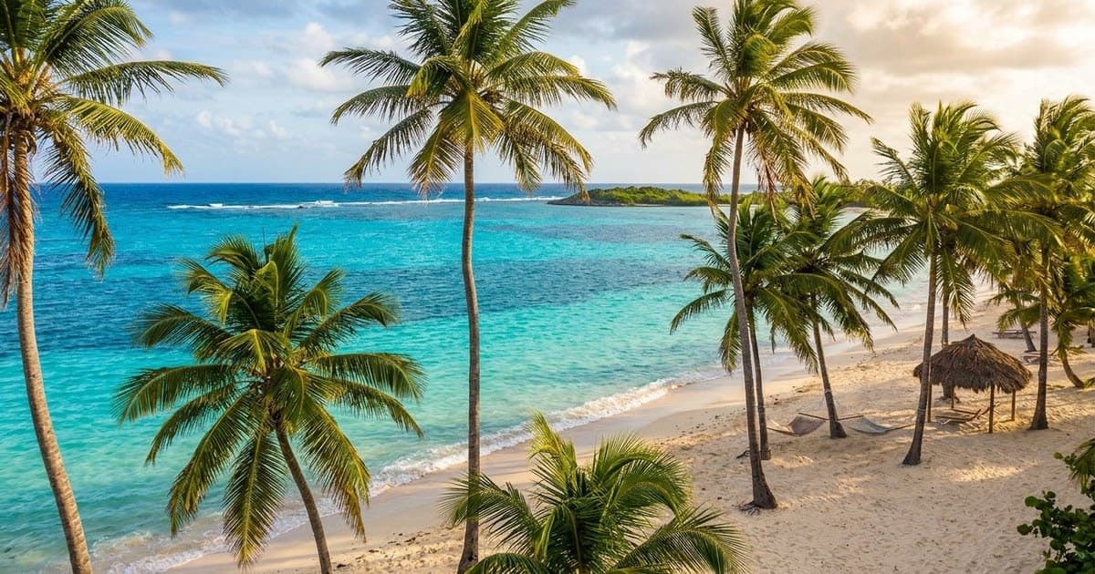 Playa del Caribe con palmeras, arena blanca y agua turquesa