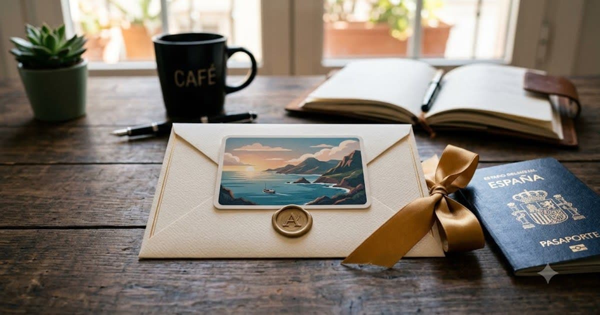 Sobre de tarjeta regalo de viaje con lazo junto a un pasaporte