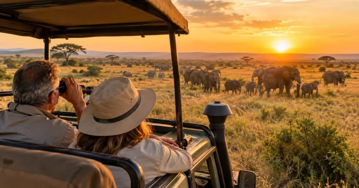 Pareja observando una manada de elefantes desde un 4x4 de safari al atardecer en Kenia