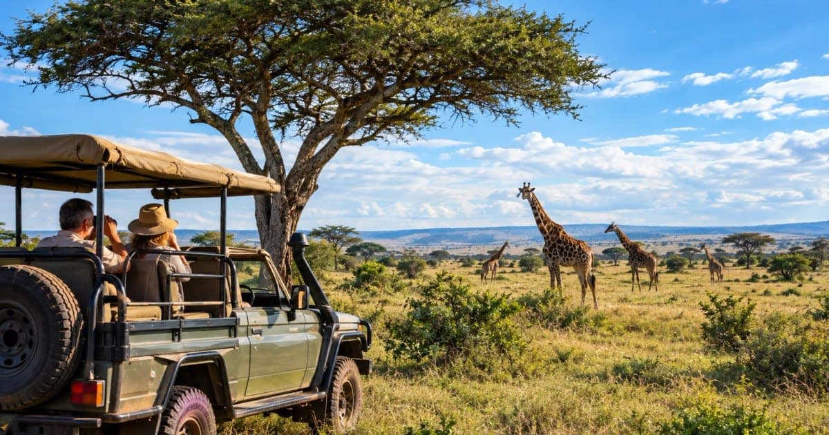 Todoterreno de safari junto a una acacia con jirafas en la sabana de Kenia