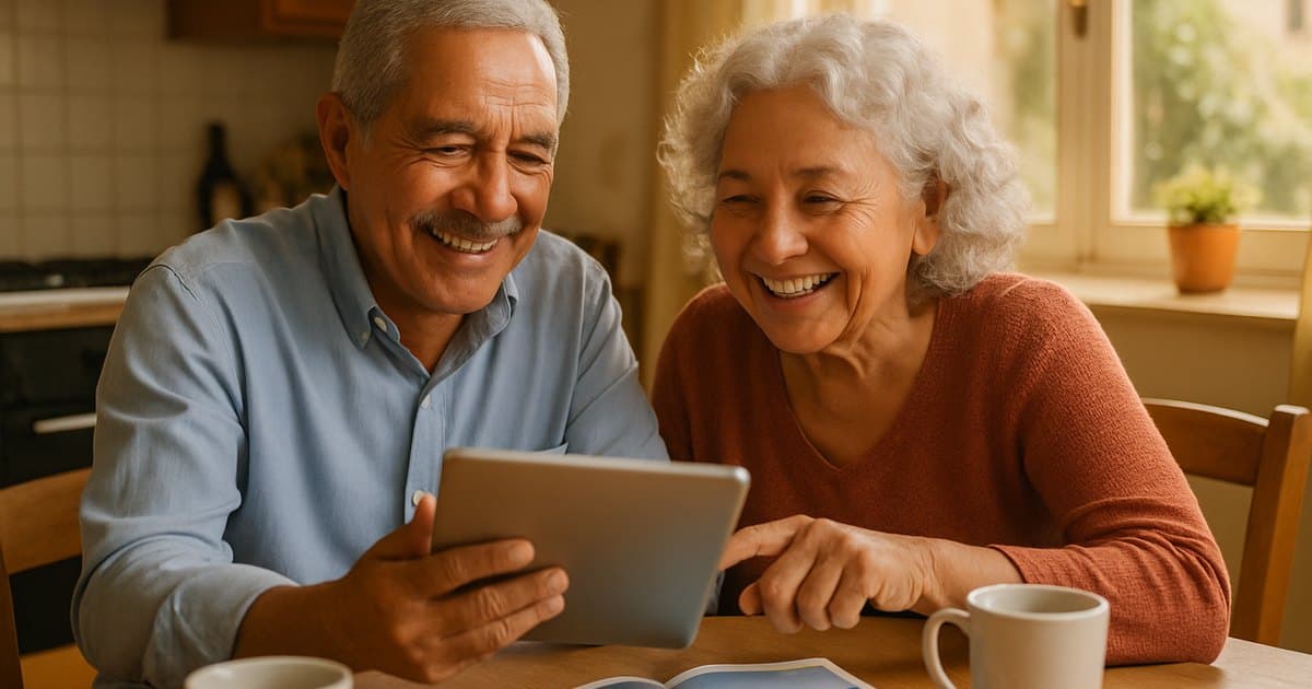 Pareja de jubilados consultando plazas de viaje en una tableta