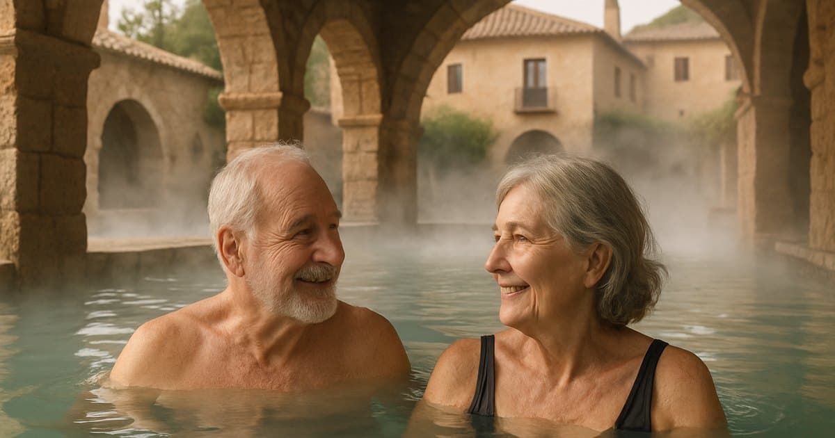 Pareja mayor en la piscina termal de un balneario