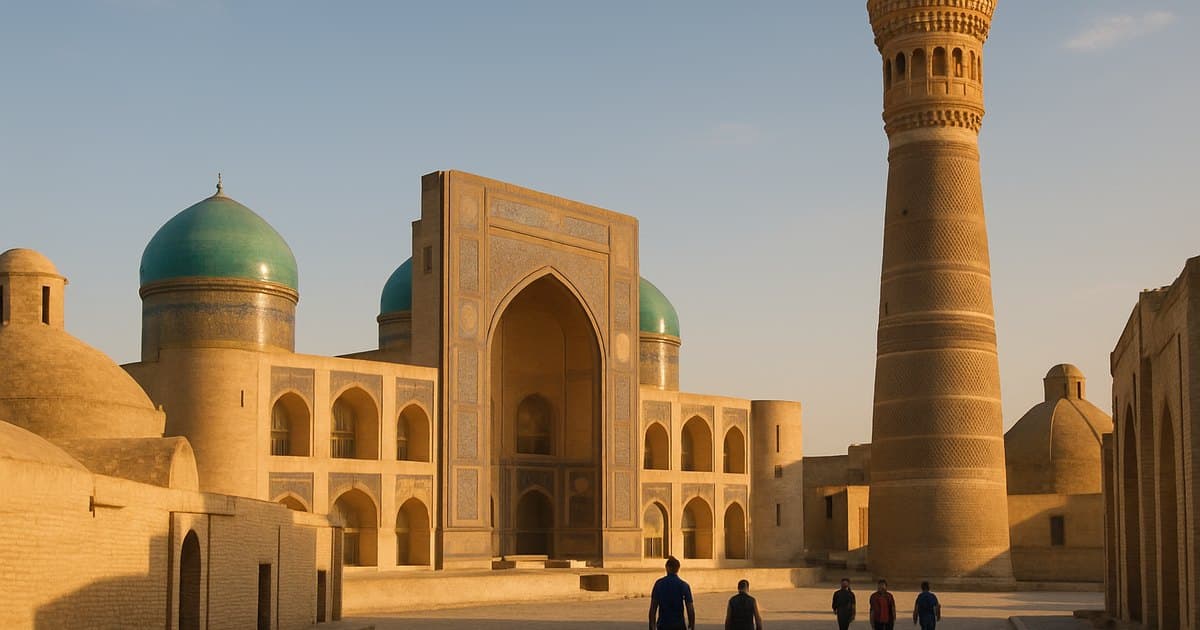 Casco antiguo de Bujará, en Uzbekistán, con su minarete y cúpulas turquesa