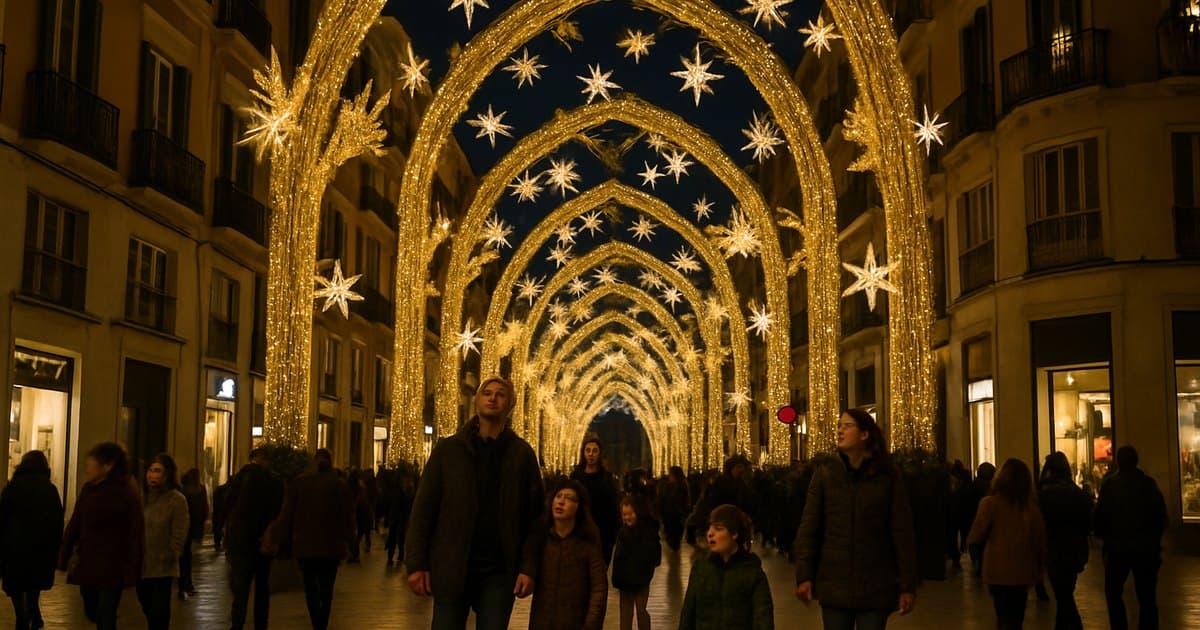Calle comercial iluminada con luces de Navidad y familias paseando