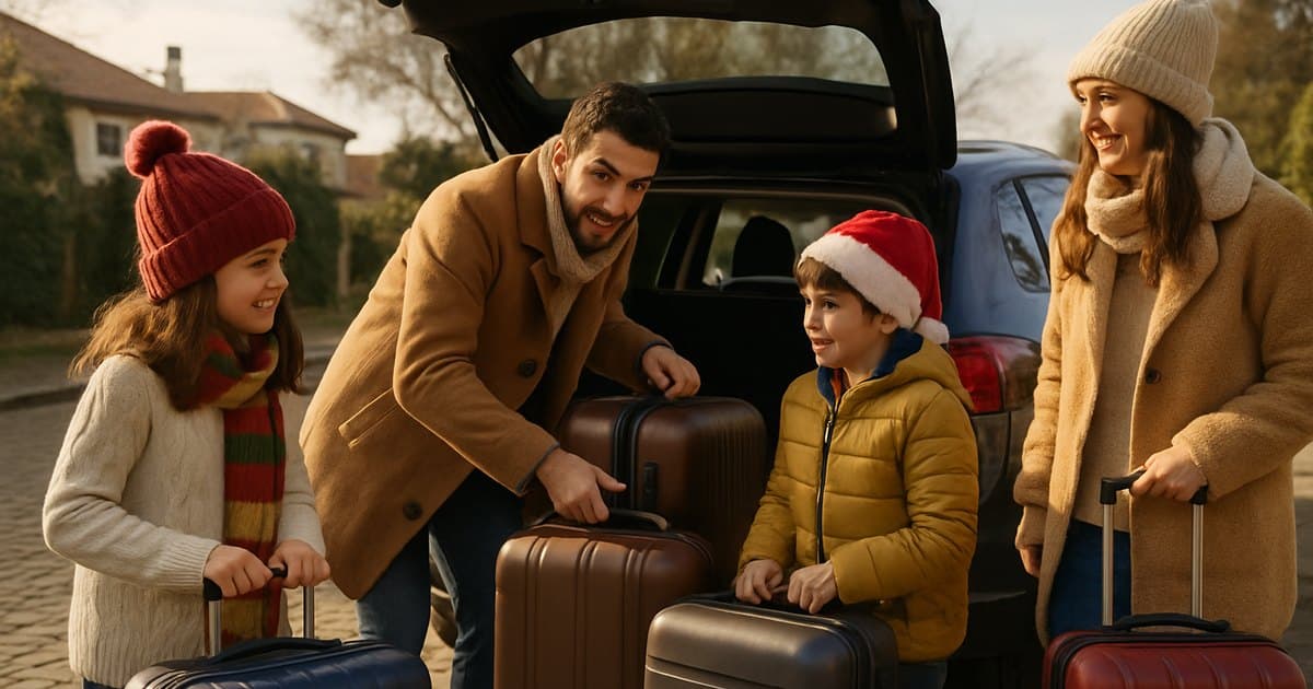 Familia cargando las maletas en el coche para las vacaciones de Navidad