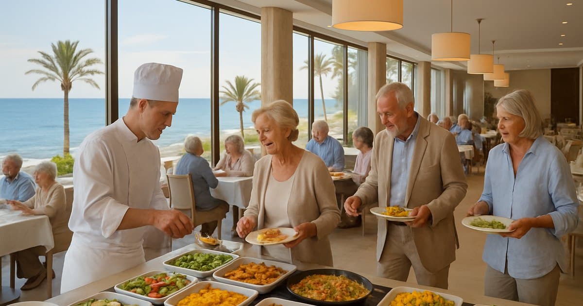 Comedor de un hotel de costa con huéspedes mayores y vistas al mar