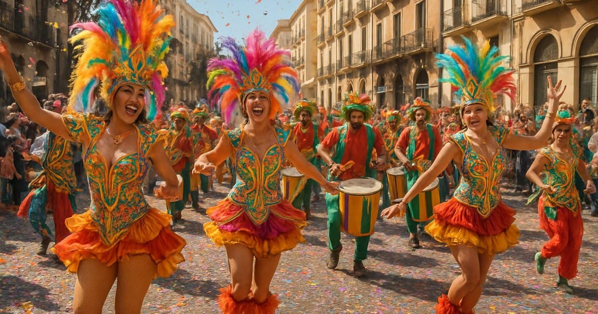 Desfile de comparsas con disfraces y tambores en el Carnaval