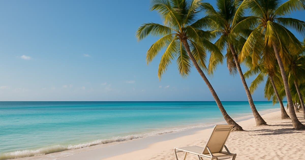 Playa caribeña con palmeras y una tumbona al sol de enero