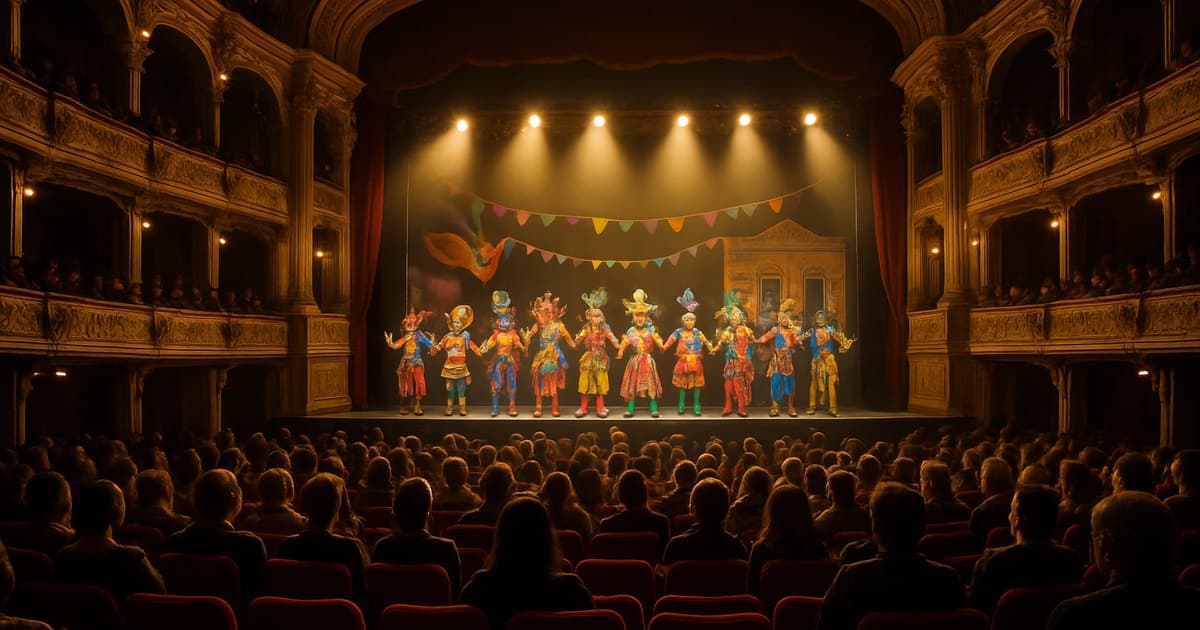 Interior de un teatro con el escenario iluminado durante el concurso de Carnaval