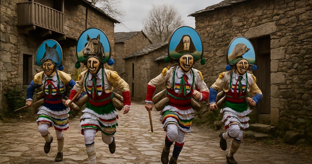 Máscaras tradicionales del Entroido gallego en una calle de piedra