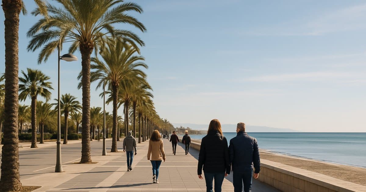 Paseo marítimo soleado en diciembre con palmeras y mar en calma