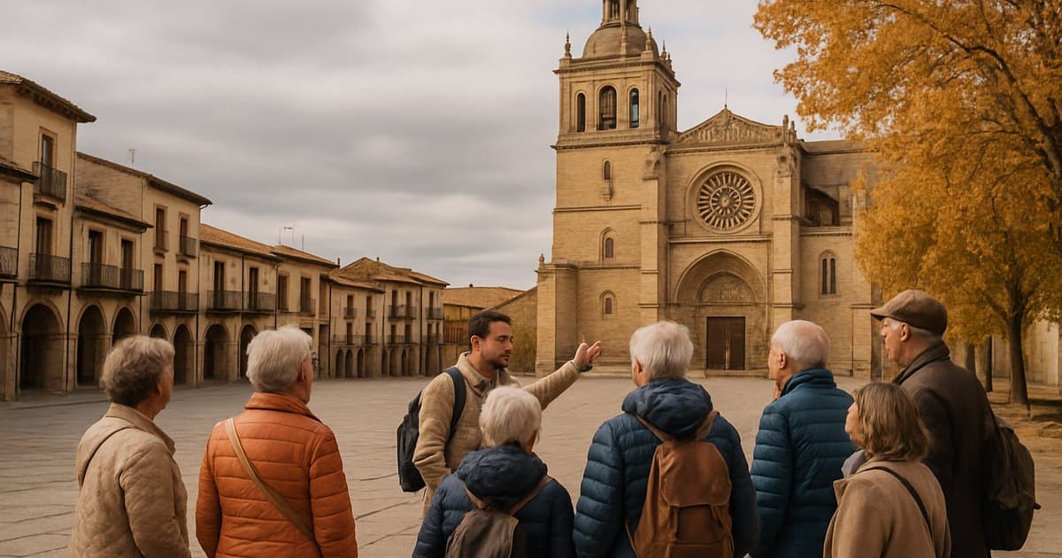 Grupo de viajeros mayores con guía en la plaza de una ciudad histórica