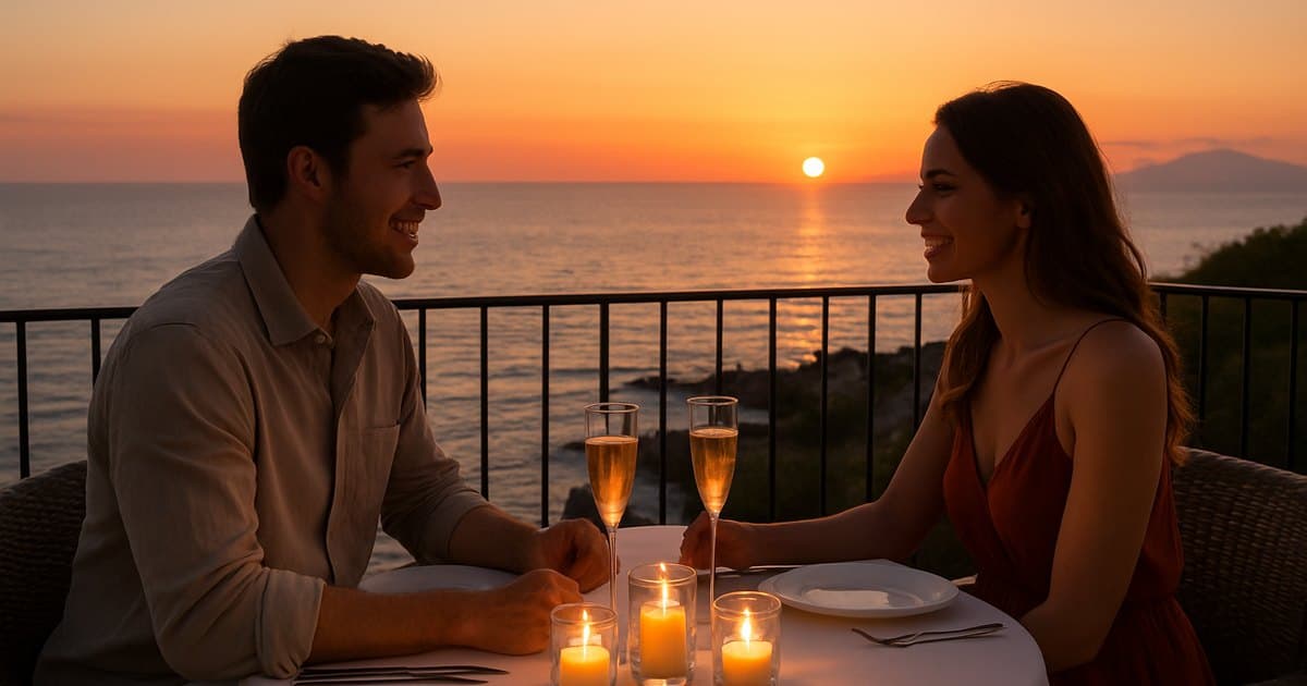 Pareja cenando con velas en la terraza de un hotel frente al mar al atardecer