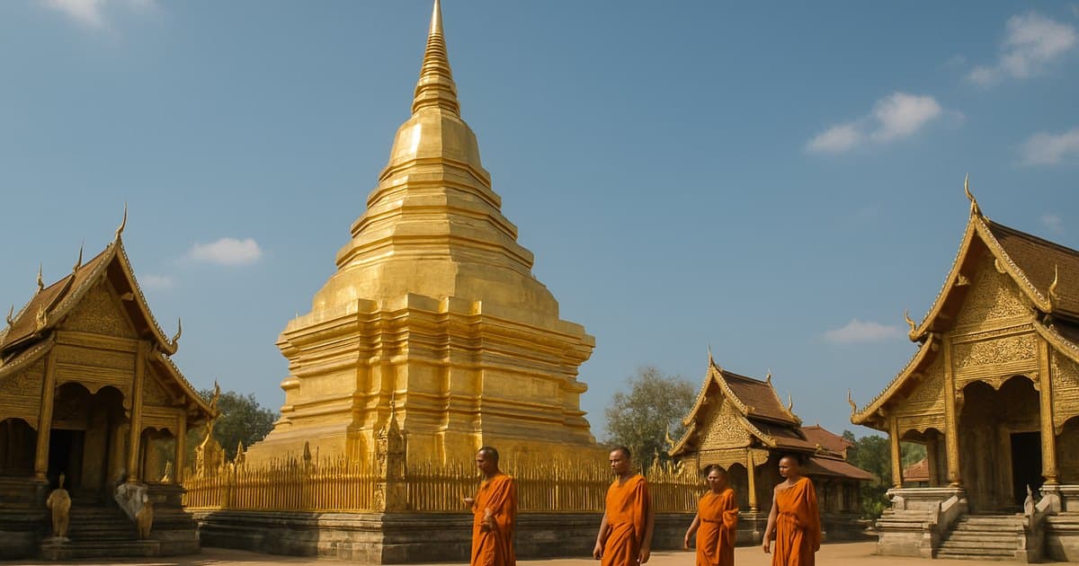 Templo dorado en Tailandia con monjes caminando delante