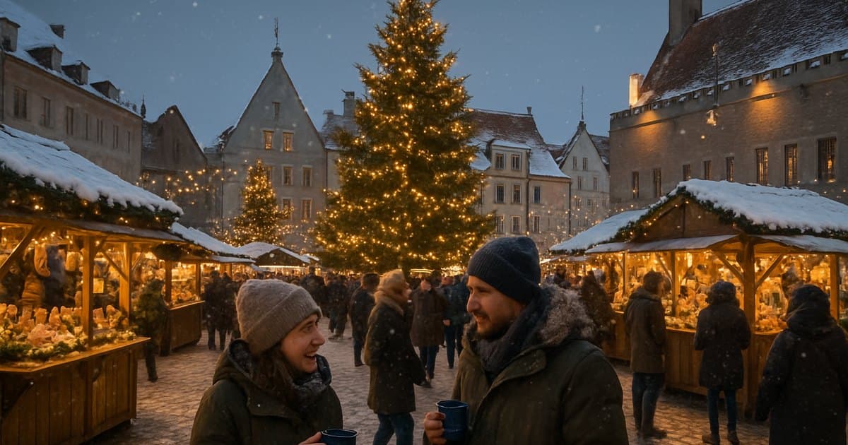 Mercadillo navideño en una plaza medieval europea al anochecer