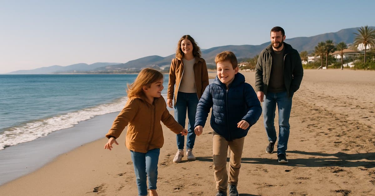 Familia con niños en una playa soleada del sur de España a finales de febrero