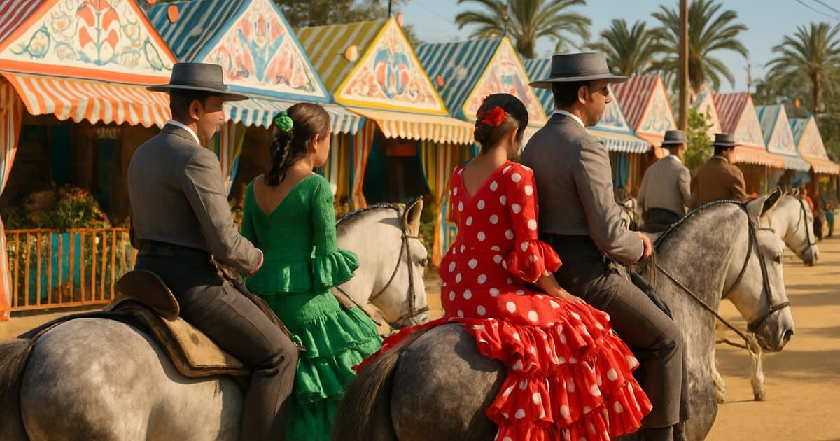 Jinetes y mujeres con traje de flamenca en la Feria del Caballo de Jerez