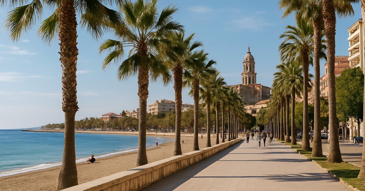 Paseo marítimo de Málaga con palmeras y la catedral al fondo