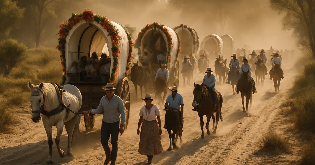 Peregrinos con carretas y caballos cruzando los caminos de Doñana en la romería del Rocío