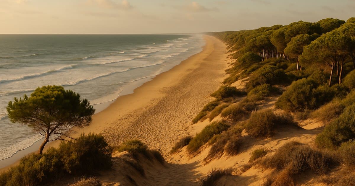 Playa virgen de la costa de Huelva con dunas y pinos