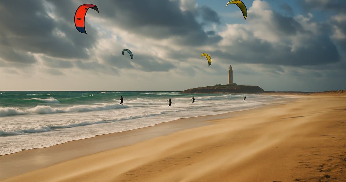 Playa de Cádiz con viento, kitesurfistas y un faro
