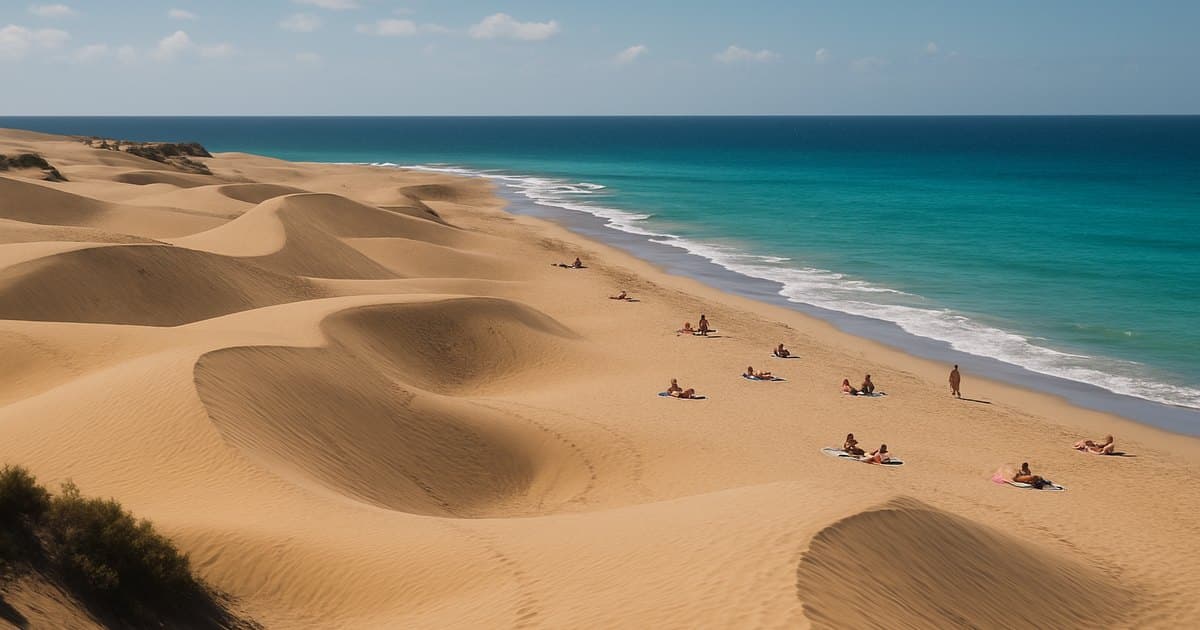 Playa de Gran Canaria con dunas y agua turquesa en invierno