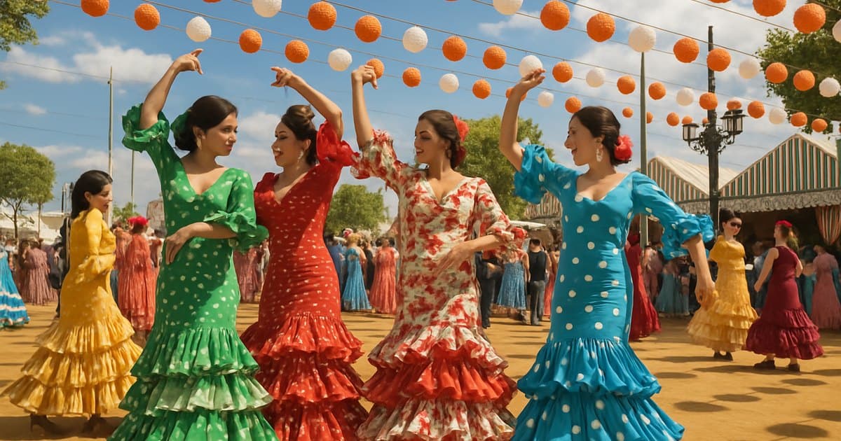 Mujeres con traje de flamenca bailando sevillanas bajo farolillos de feria