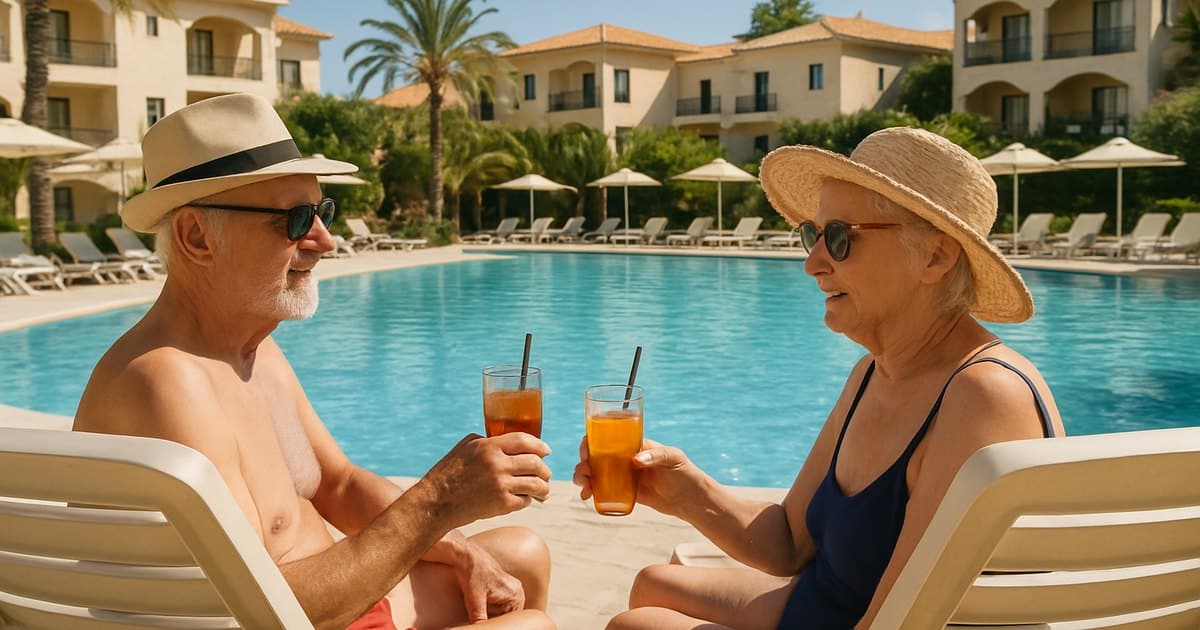 Pareja mayor descansando junto a la piscina de un hotel de todo incluido