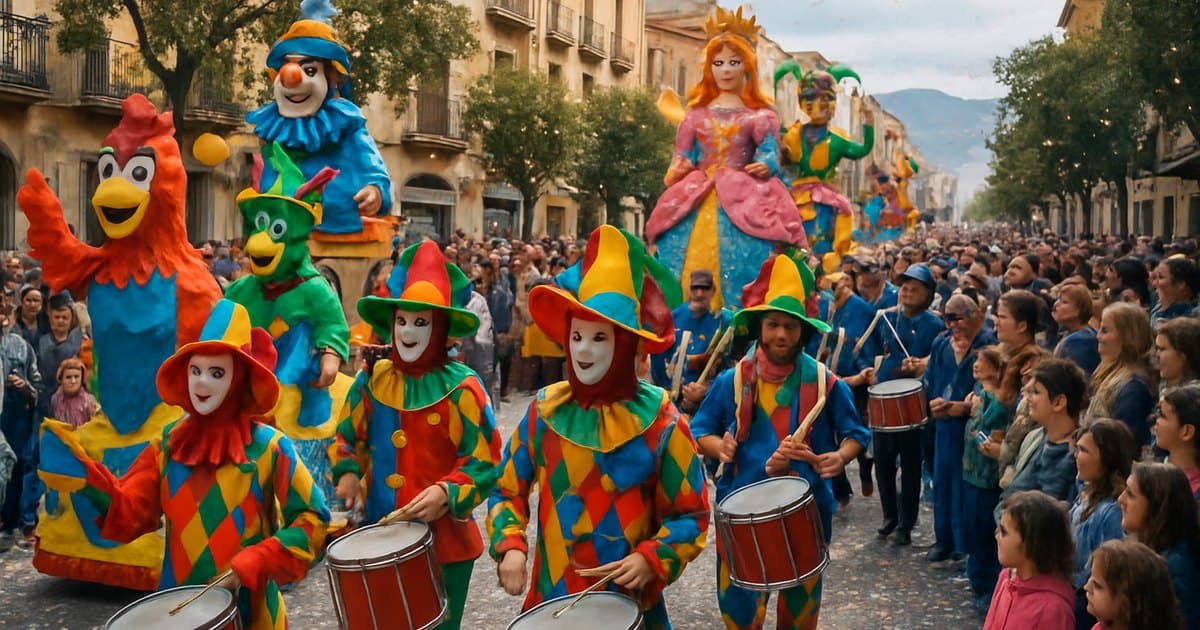 Desfile de Carnaval con carrozas, músicos y disfraces de colores