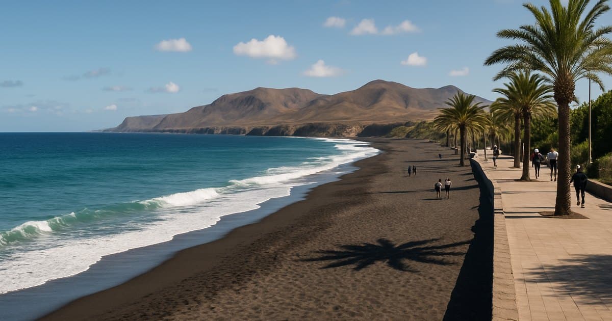 Playa volcánica de Canarias con paseo de palmeras en noviembre