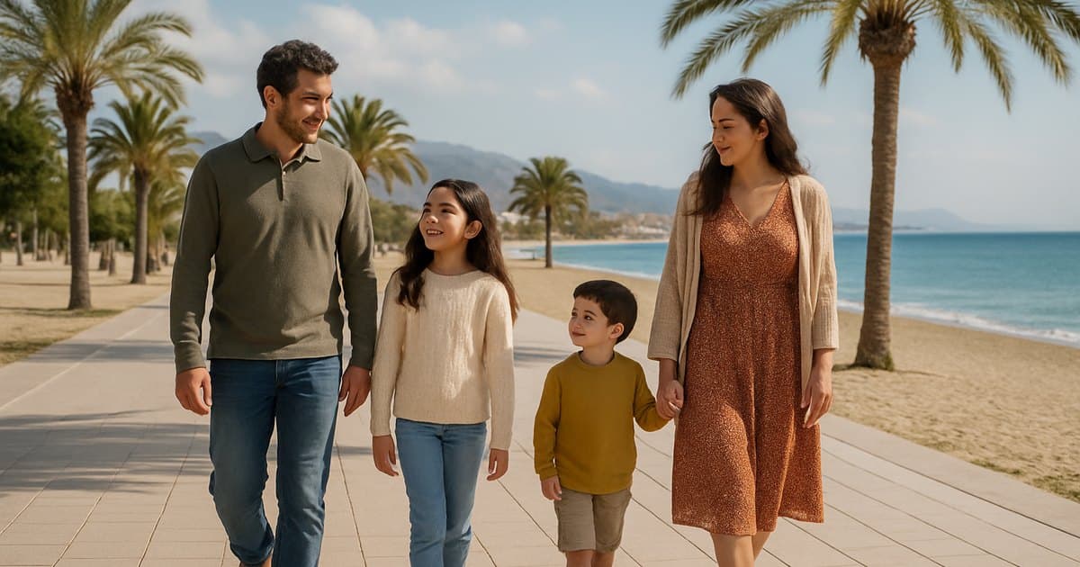 Familia paseando por un paseo marítimo en las vacaciones de Semana Santa