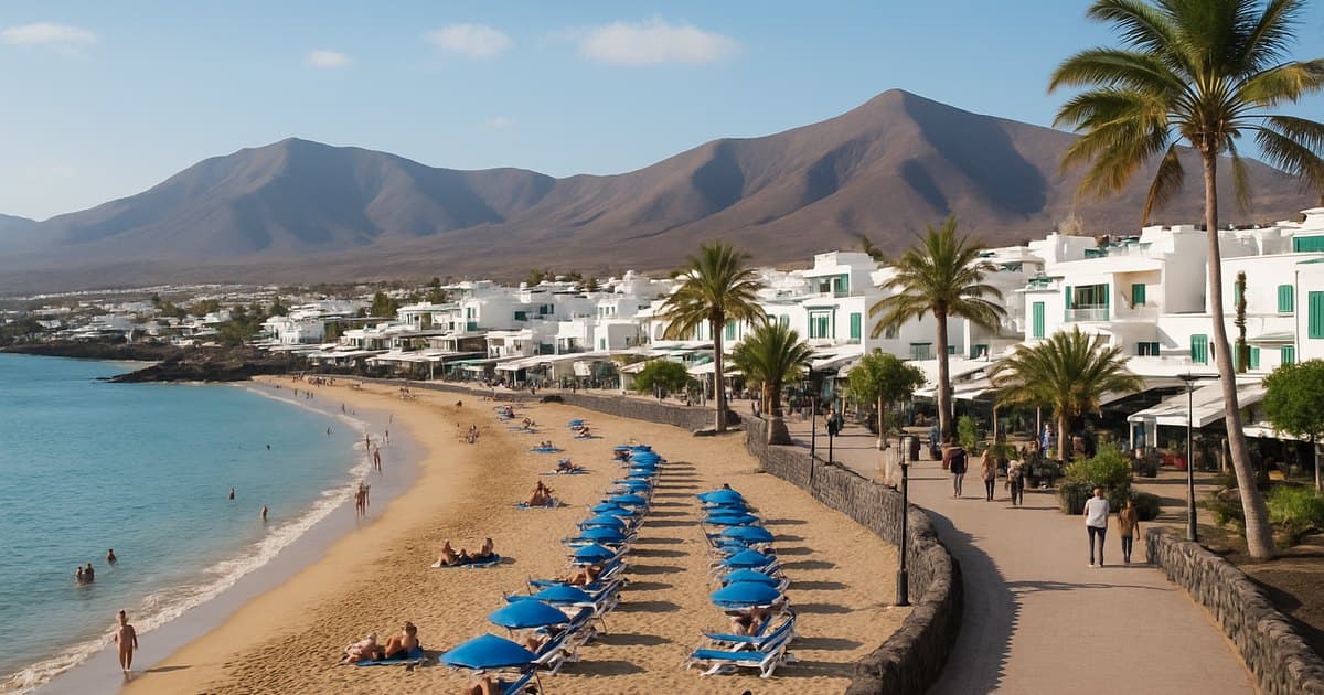 Playa y paseo de Lanzarote con montañas volcánicas