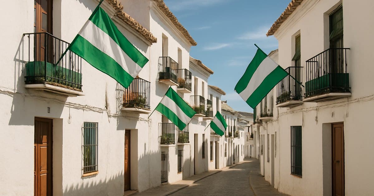Banderas andaluzas en los balcones de una calle blanca