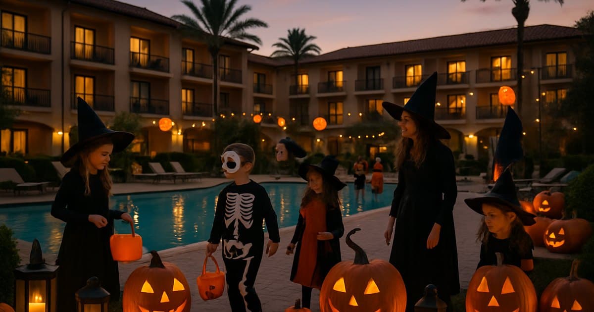 Fiesta de Halloween junto a la piscina de un hotel con niños disfrazados