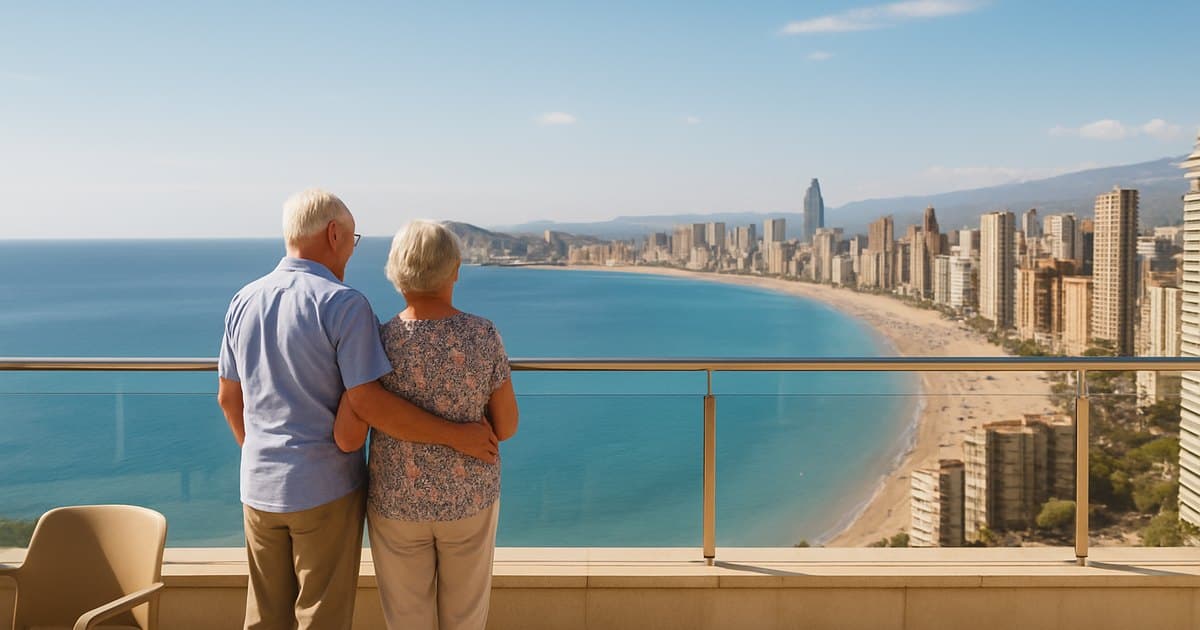 Pareja mayor en una terraza con vistas a la bahía de Benidorm