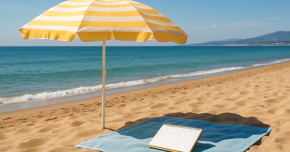 Toalla de playa con un cuaderno de viaje bajo una sombrilla