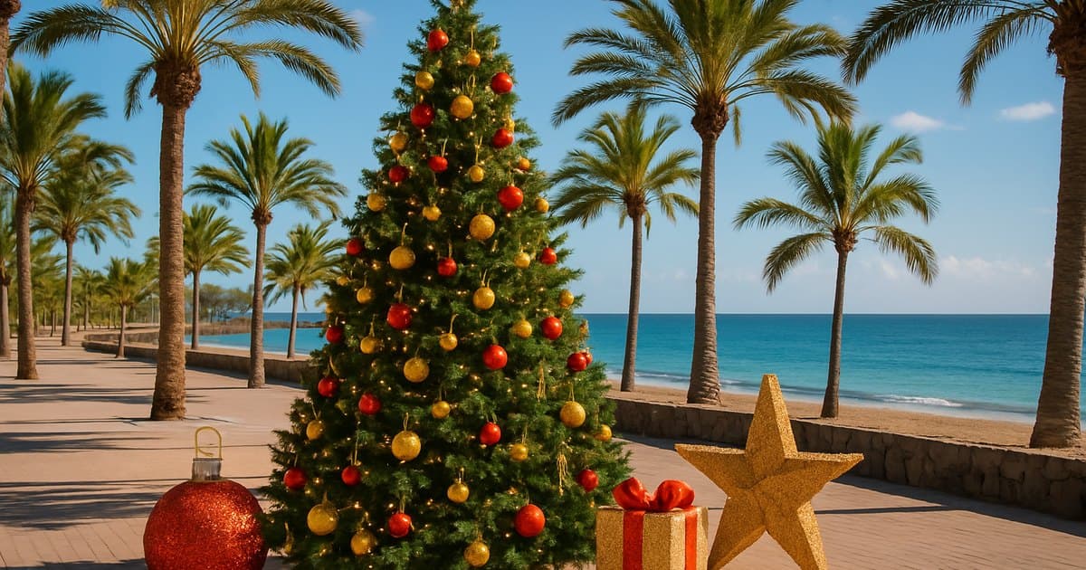 Árbol de Navidad en un paseo marítimo soleado de Canarias