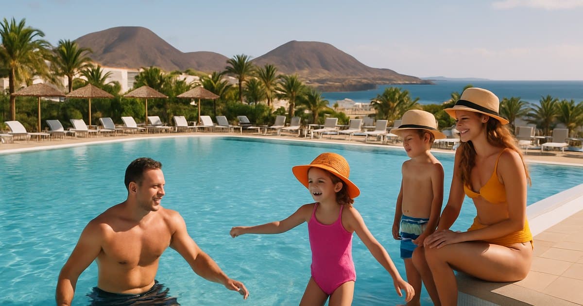 Familia en la piscina de un hotel de todo incluido en Canarias