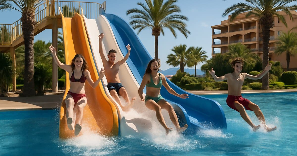 Adolescentes en los toboganes de la piscina de un hotel