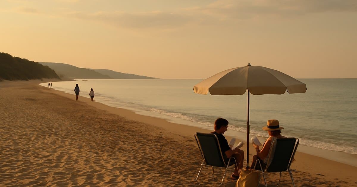 Playa tranquila en septiembre con una pareja bajo la sombrilla