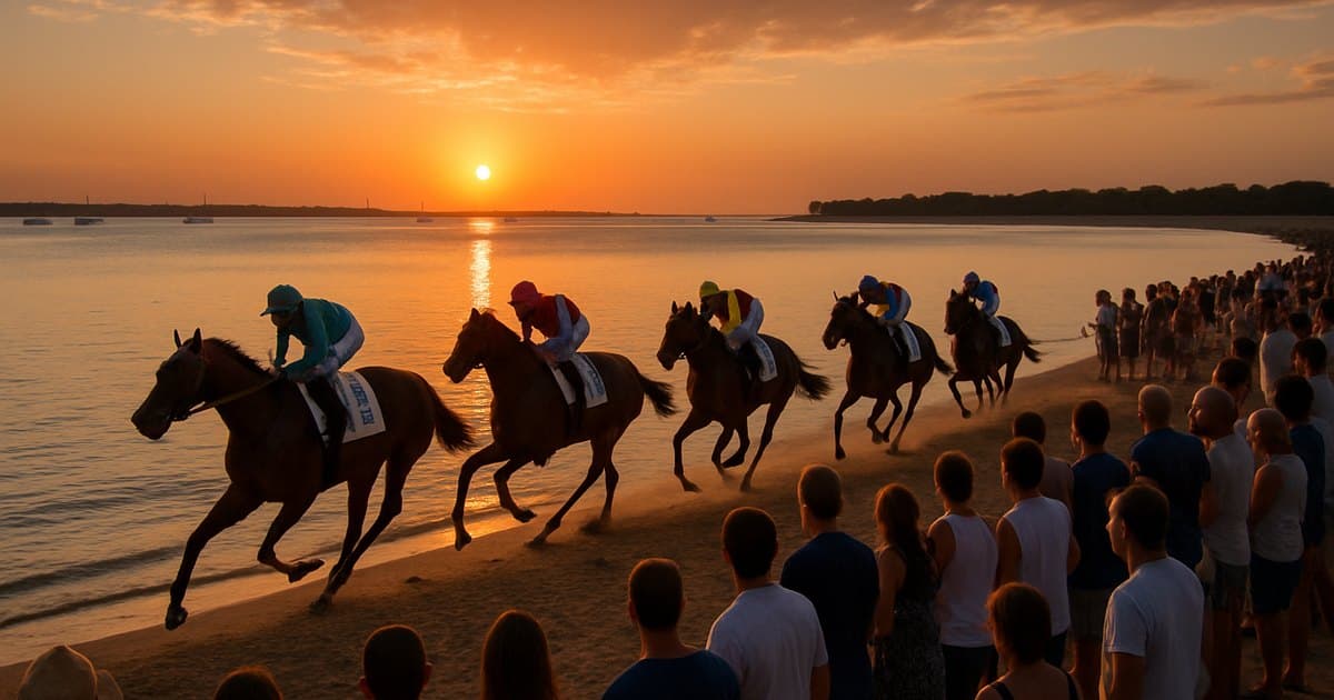 Carrera de caballos en la playa de Sanlúcar de Barrameda al atardecer