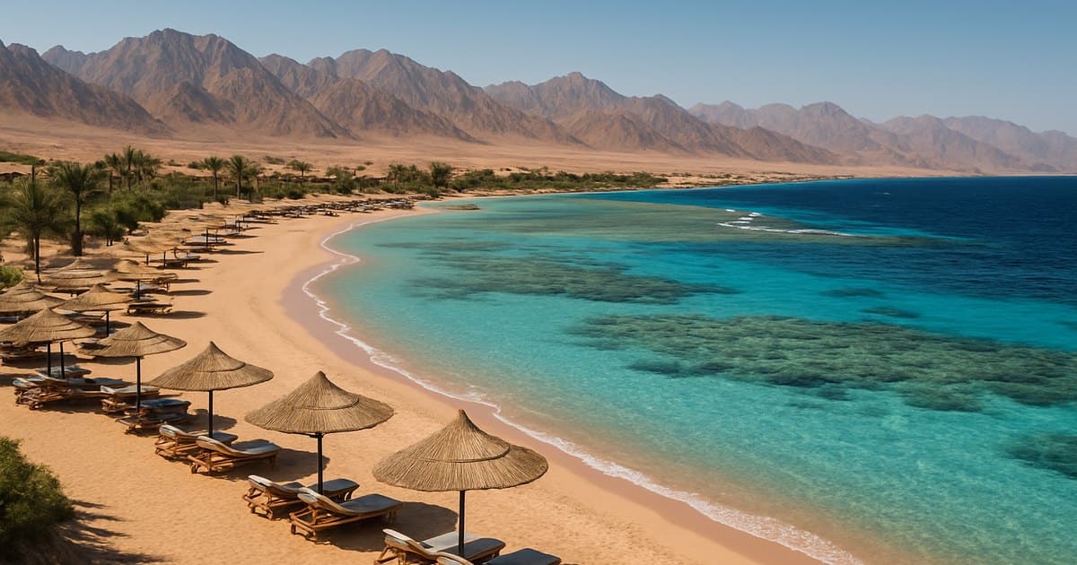 Playa de un resort del mar Rojo con arrecife y montañas