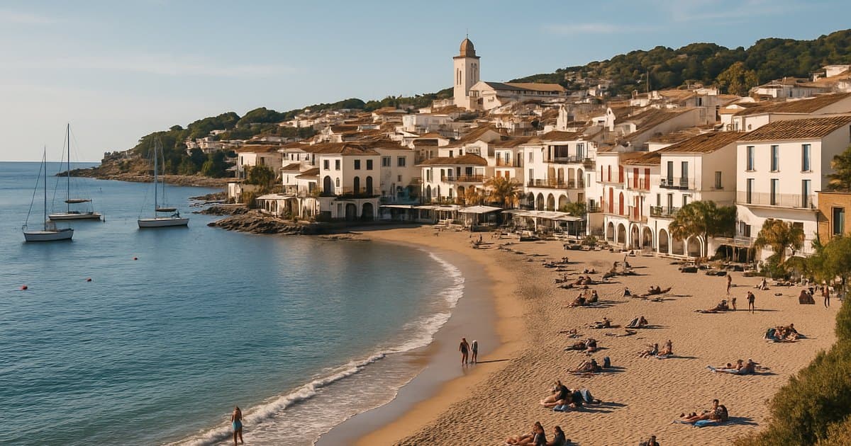 Pueblo costero con playa y veleros en una tarde de octubre