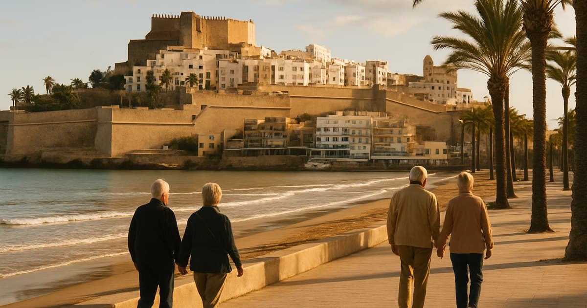 Castillo de Peñíscola sobre la playa con paseantes en octubre