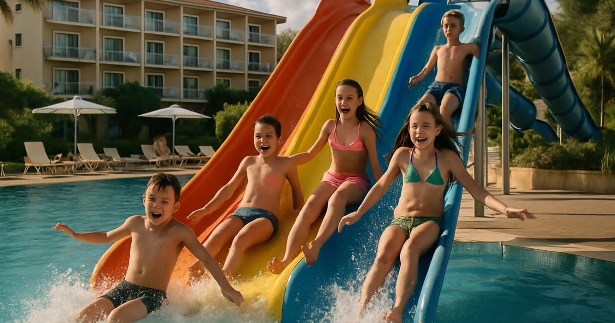 Niños bajando por el tobogán de la piscina de un hotel
