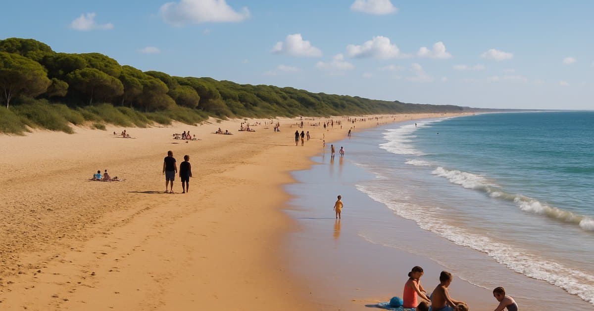 Playa de La Barrosa en Chiclana con arena dorada y pinar