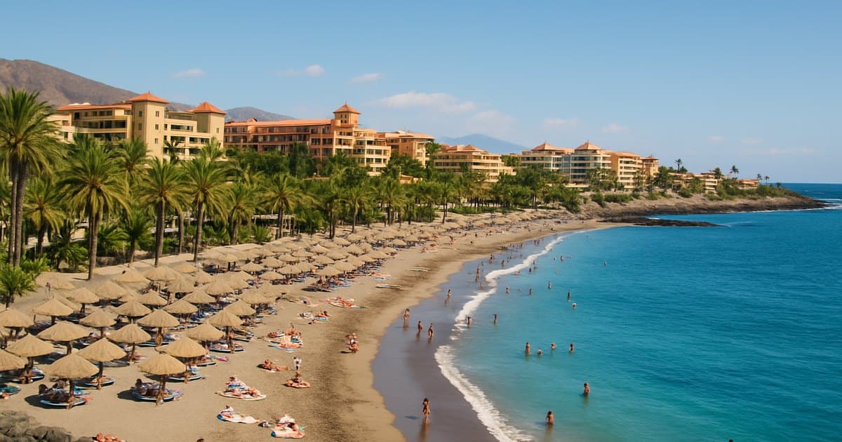 Playa del sur de Tenerife con hoteles y palmeras