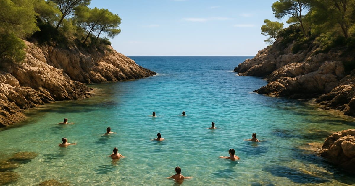 Bañistas en el agua templada de una cala del Mediterráneo