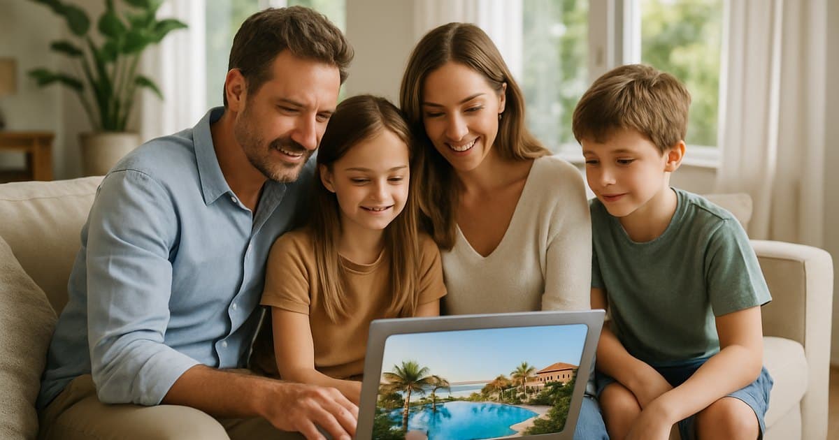 Familia consultando ofertas de viajes en laptop desde casa.